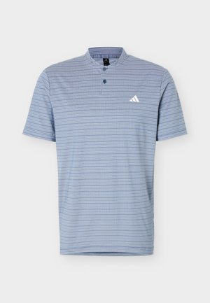 Blue short-sleeve polo shirt with fine horizontal stripes, two-button placket, stand collar, and small white Adidas logo on the chest.