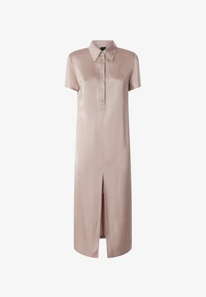 Satin haljina košulja u mekoj bež boji, s ovratnikom, kratkim rukavima, dugmadi sprijeda i prorezom sprijeda. Glatka tekstura s lepršavim dizajnom.