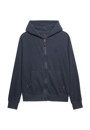 Donkerblauwe capuchonsweatshirt met volledige rits, voorzak met buidelzak en geribbelde boorden, met een klein geborduurd logo op de borst.