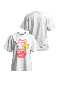 White cotton t-shirt featuring a pink cocktail graphic with a straw, lemon slice, and text "Diabolo Grenadine" in bold red and pink.