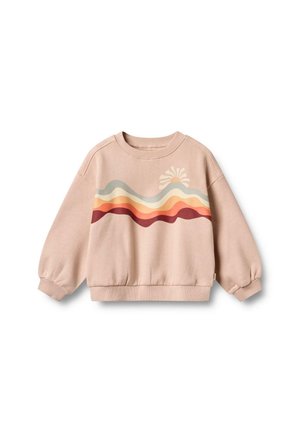 Felpa rosa chiaro con scollatura rotonda e maniche a palloncino. Presenta ondeOrizzontali in beige, arancio e rosso scuro con una grafica del sole.