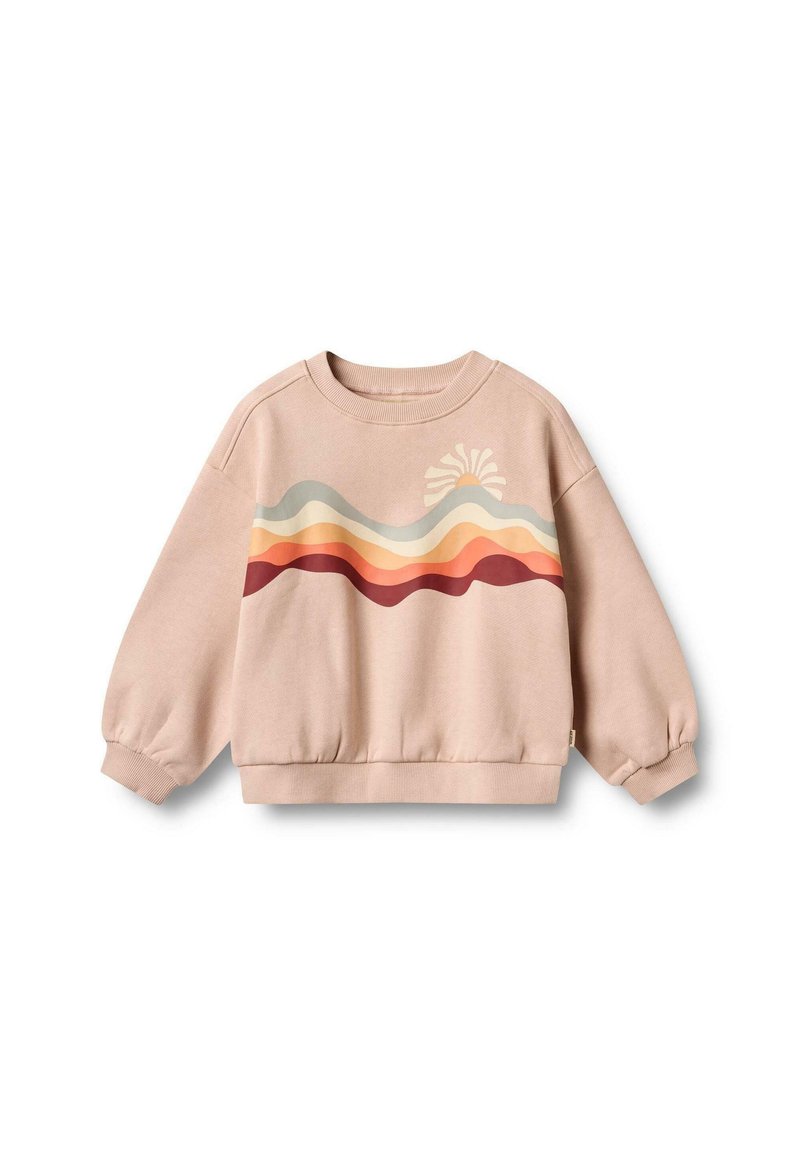 Lichtroze sweatshirt met een ronde hals en ballonmouwen. Bevat horizontale golven in beige, oranje en donkerrood met een zon grafiek.
