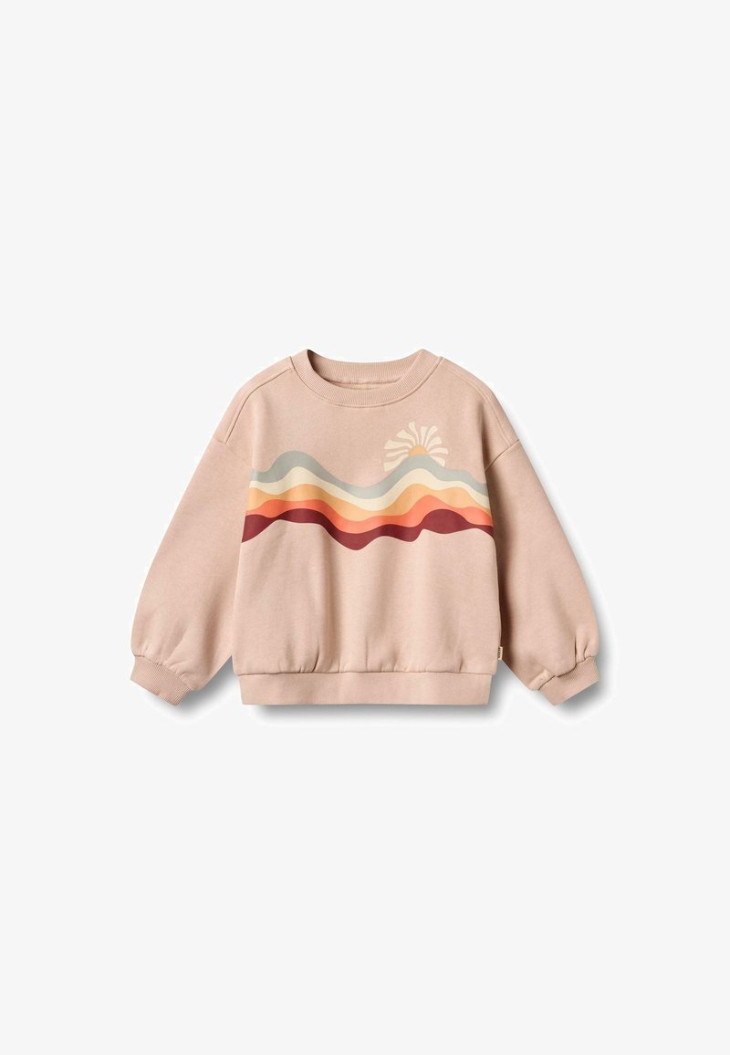 Hellrosa Sweatshirt mit Rundhalsausschnitt und Ballonärmeln. Verziert mit horizontalen Wellen in Beige, Orange und Dunkelrot sowie einer Sonnen-Grafik.