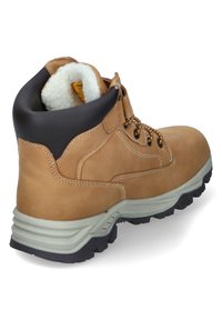 Braune Leder-Wanderschuhe mit gepolstertem Schaftrand, strukturierten Oberflächen und Gummisohle. Verfügt über Metallösen und kontrastierende Nähte.