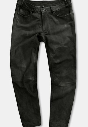Black jeans with a slim fit, featuring a smooth texture, five pockets, and a button closure. Minimalist design with subtle stitching details.