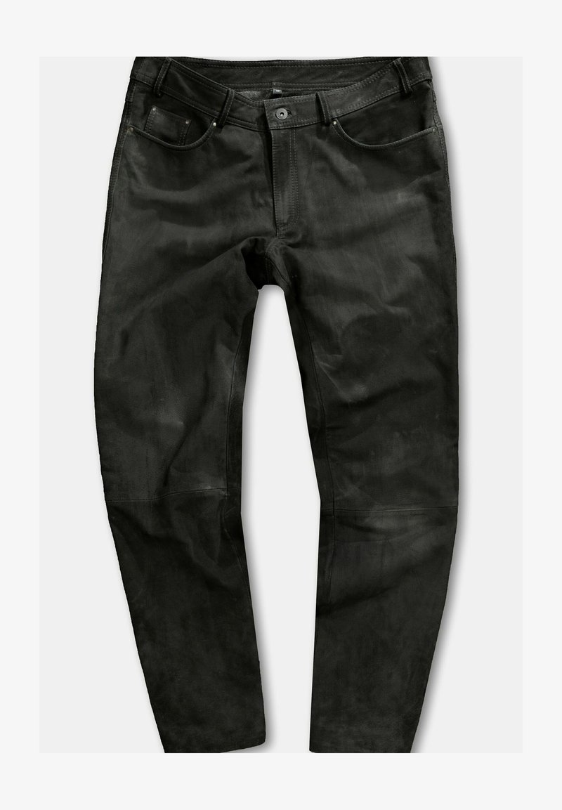 Schwarze Jeans im Slim Fit, mit einer glatten Textur, fünf Taschen und einem Knopfverschluss. Minimalistisches Design mit dezenten Nähten.
