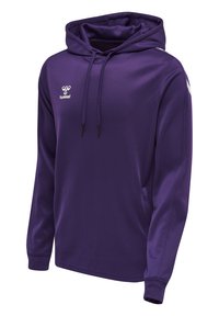 Felpa viola con cappuccio, tasca frontale, maniche lunghe e cordini neri. Presenta un piccolo logo bianco sul petto e accenti bianchi sulle maniche.