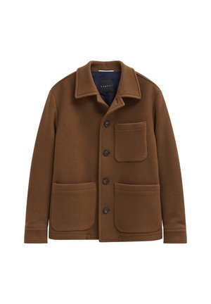 Braune Wollmischungjacke mit Hemdkragen, Knopfverschluss und zwei Vordertaschen. Verfügt über einen strukturierten Stoff und ein lockeres Fit-Design.