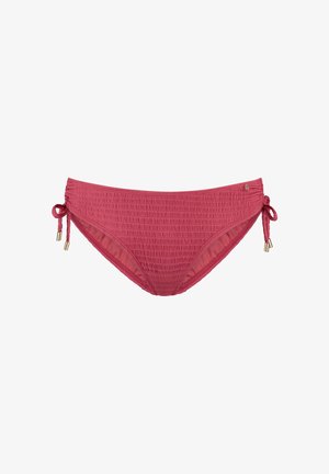 Roze bikini broekje met textuur, verstelbare zijkantbandjes en een klein metalen label op de rechterheup.