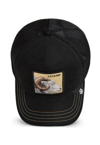 Black cap with mesh back, suede front, embroidered ram patch labeled "LEGEND." Features yellow background, contrasting stitching on visor.