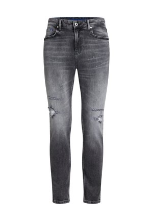 Grå denim jeans med slim fit, der har slidte områder ved knæene, kontrast stikninger og en klassisk lynlås-lukning.