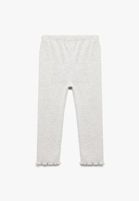 Lichtgrijze leggings van zacht, textuurstof; heeft een rekbare tailleband en een gegolfde zoom bij de enkels.