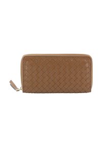 Brown woven leather wallet with a zip closure and a side tab. Features a textured surface and a rectangular shape. Gold hardware accents.