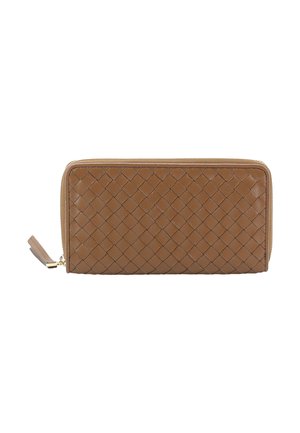 Brown woven leather wallet with a zip closure and a side tab. Features a textured surface and a rectangular shape. Gold hardware accents.