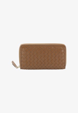 Brown woven leather wallet with a zip closure and a side tab. Features a textured surface and a rectangular shape. Gold hardware accents.