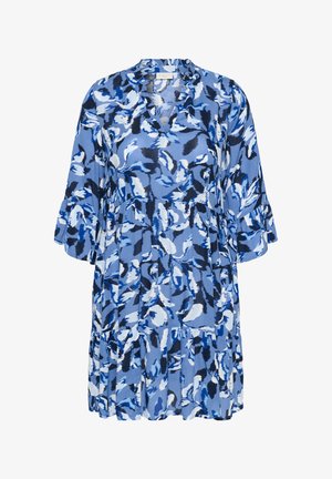 Blumenmusterkleid in Blautönen, mit V-Ausschnitt, Rüschensäumen und einem gestuften Rockdesign aus einem leichten Stoff.