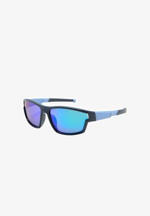 Lunettes de sport bleu et noir avec des verres miroirs bleu-violet enveloppants et une monture légère.