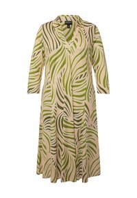 Helle beige Kleid mit grünem Wellenmuster, Kragen und Dreiviertelärmel. Glattes Material und knielanges Design.