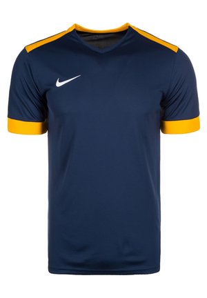 Camiseta deportiva azul marino con paneles amarillos en los hombros y puños de las mangas, con un logo blanco de Nike en el pecho derecho.