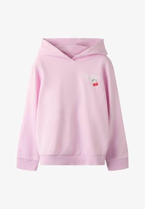 Sweat à capuche rose clair avec un motif cerise sur le devant et le texte « Cherry Bomb », avec des manches longues et une poche frontale.