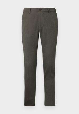 Slim-fit men's dark gray dress trousers with belt loops, front button, and subtle textured fabric.