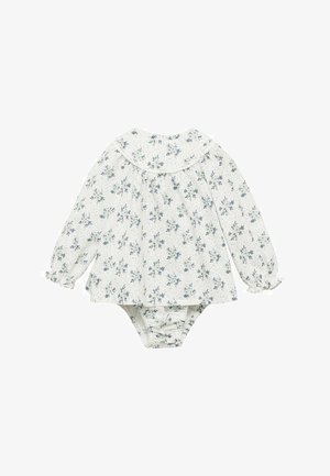 Otrode s cvetličnim vzorcem za dojenčke z dolgimi rokavi, bele barve s plavimi rožami, velikim ovratnikom in zgrnjenimi detajli pri pasu in na manšetah.