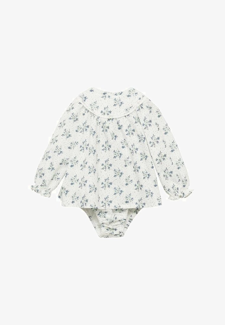 Otrode s cvetličnim vzorcem za dojenčke z dolgimi rokavi, bele barve s plavimi rožami, velikim ovratnikom in zgrnjenimi detajli pri pasu in na manšetah.