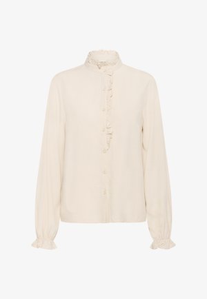 Crème kleurige blouse met lange mouwen, een gerimpelde hoge kraag, een knoopsluiting aan de voorkant en gerimpelde manchetten aan de mouwen.