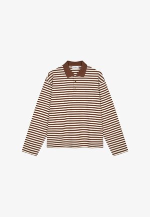 Långärmad pikétröja med växlande bruna och cremefärgade horisontella ränder, en brun krage och tre knappar fram. Mjuk tygstruktur.
