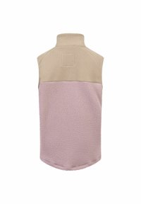 Ärmellose Fleece-Weste mit einem oberen Abschnitt in hellem Beige und einem unteren Abschnitt in sanftem Rosa, ausgestattet mit einem halben Reißverschlusskragen und strukturiertem Stoff.