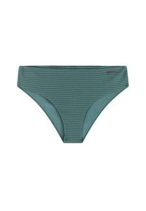 Petrolkleurige geribbelde bikinibroek met een lage taille en een klein rechthoekig merketiket aan de bovenste rechterkant.