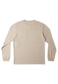 Beige tričko s dlouhým rukávem a kulatým výstřihem, měkká bavlněná textura, bez viditelných vzorů nebo akcentů. Hladký design na zadní straně.