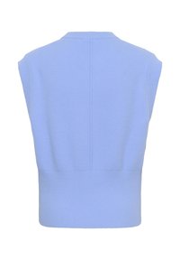 Vaaleansininen ilman hihoja oleva neulottu liivi, jossa on leveä ribbireunus ja kapea pyöreä pääntie, näkyy takaa.