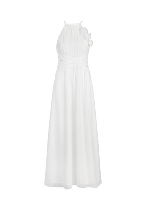 Hvid halterneck-kjole med plisseret overdel og en svævende nederdel. Har stofblomster på den ene skulder. Blødt, let materiale.