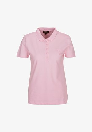 Vaaleanpunainen puuvillasekoitekangas, jossa on lyhyet hihat, kaulus ja kolmonen napitus. Hienovarainen brodeerattu logo rinnassa.