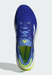 Blue running shoe with a mesh upper, white accents, and a vibrant green sole. Features a padded collar and laces for secure fit.