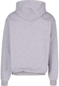Light grey hooded sweatshirt with a soft fabric texture, relaxed fit, and ribbed cuffs. Features a central seam at the back and no visible logos.