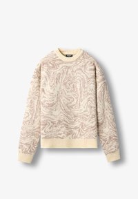 Krémpový sveter s ružovým mramorovým vzorom, rebrovanými rukávmi a lemom, okrúhlym výstrihom a mäkkou textúrou. Neformálny dizajn vhodný na vrstvenie.