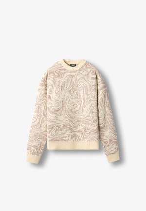 Kreem värvi särk roosa marmorist mustriga, ribidega varrukate ja hemiga, ümara kaelusega ja pehme tekstuuriga. Ahnuslik disain, mis sobib kihistamiseks.