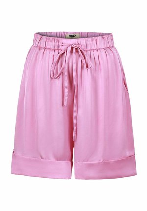 Rosa Satin-Shorts mit einem elastischen Bund und Kordelzug, ausgestattet mit zwei seitlichen Taschen und einem umgeschlagenen Saum. Glatte Textur und lässiges Design.