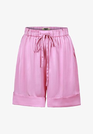 Roze satijnen shorts met een elastische tailleband en trekkoord, voorzien van twee zijzakken en een omslagzoom. Glad textuur en casual ontwerp.
