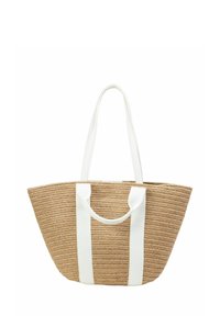 Geflochtene Strohtasche mit weit geöffnetem Format. Besitzt weiße Stoffgriffe und eine strukturierte, natürliche Oberfläche. Geeignet für den lässigen Gebrauch.
