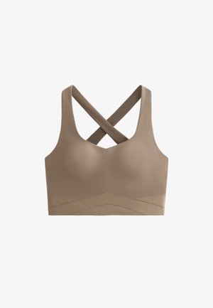 Sutien sport maro cu un design fără cusături, bretele încrucișate pe spate și o bandă texturată cu un model în zigzag în partea de jos.