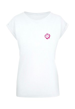 White short-sleeve t-shirt made of cotton, featuring a pink graphic in the shape of a cupcake on the left chest area.