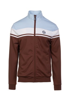 Bruine zip-up jas met een lichtblauwe en witte kleurblokontwerp, voorzien van een opstaande kraag en een logo-patch op de bovenste linkerkant.