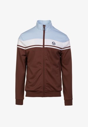 Braune Zip-Jacke mit hellblauem und weißem Farbblockdesign, ausgestattet mit einem Stehkragen und einem Logopatch auf der oberen linken Seite.