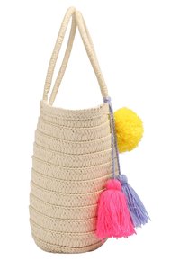 Flettet halmtaske med cylindrisk form, med pastel-farvede pomponer i gul, lyserød og lilla samt to buede håndtag.