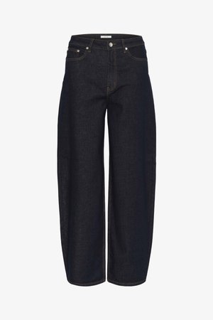 Dark blue denim wide-leg jeans with a high waist, featuring five pockets and contrasting yellow stitching. Button and zipper closure.