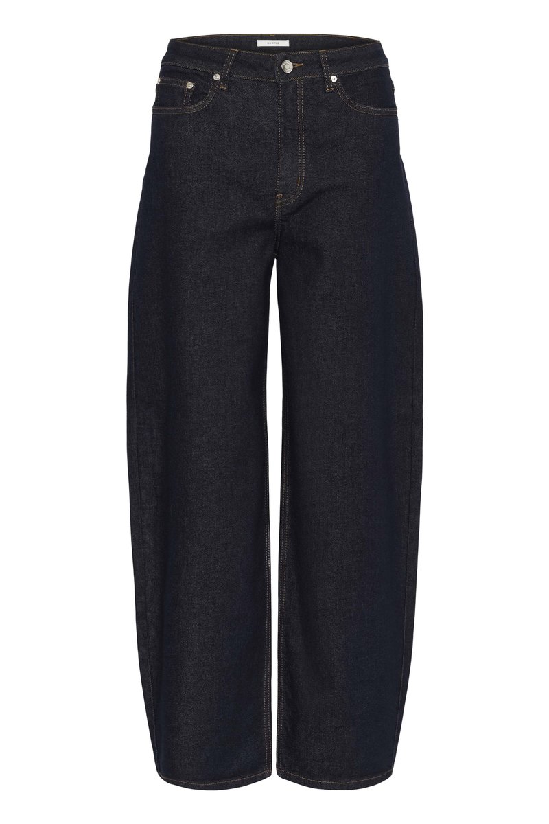 Dark blue denim wide-leg jeans with a high waist, featuring five pockets and contrasting yellow stitching. Button and zipper closure.