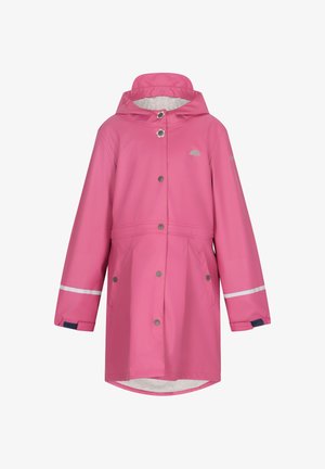 Roosa veekindel vihmamantel kapuutsiga, hõbedased nupud, kaks esi-taskut ja peegeldavad triibud varrukatel. Pehme sisemine vooder.